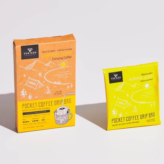 4 single-serve coffee drip bags containing medium-dark roasted coffee with flavour notes of caramel, sweet cedar, and dark chocolate. Each bag is individually sealed for freshness