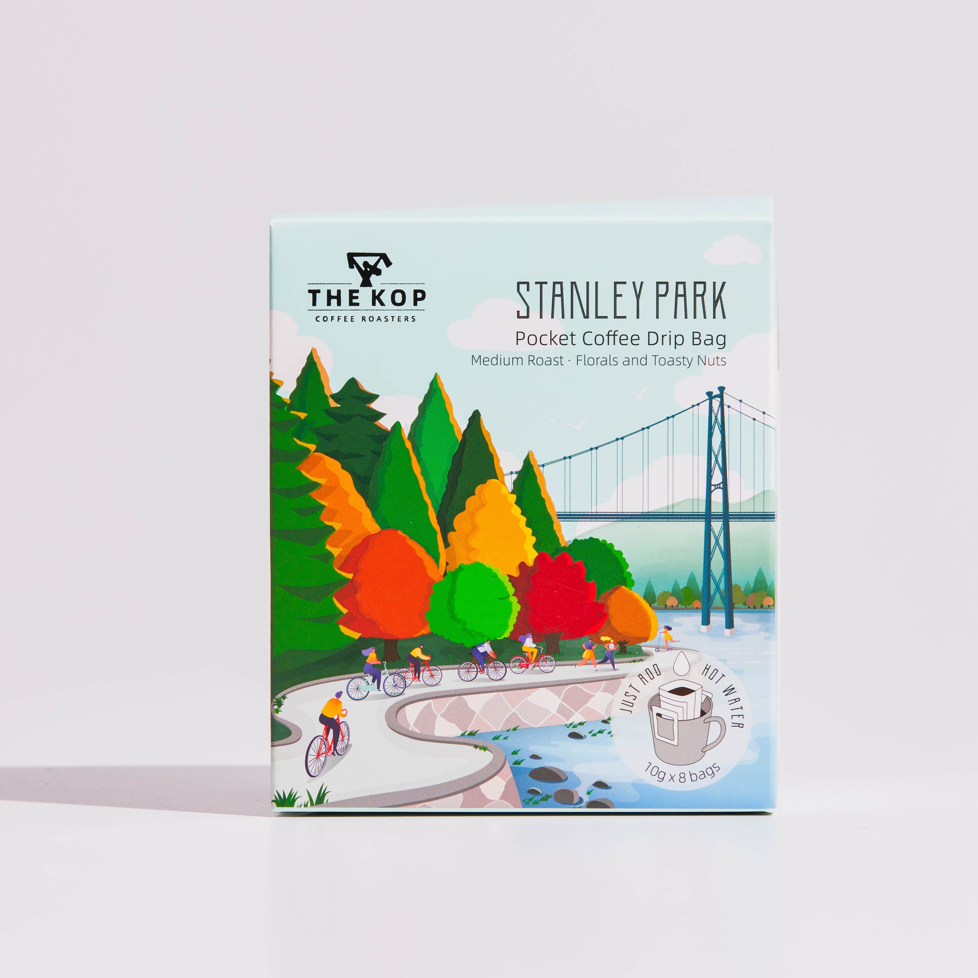 A pack of 8 single-serve coffee drip bags, each containing 10g of medium-roasted coffee ground. Originating from South America and Africa, with flavour notes of florals and toasty nuts. Individually sealed for freshness
