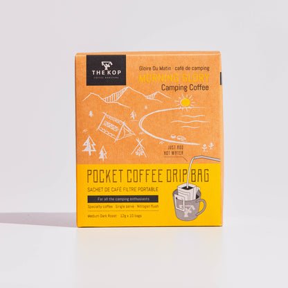 10 single-serve coffee drip bags containing medium-dark roasted coffee with flavour notes of caramel, sweet cedar, and dark chocolate. Each bag is individually sealed for freshness