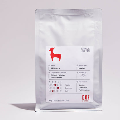 300g pack of medium-roasted Ethiopian coffee beans with flavor notes of jasmine, dried citrus, and delicate sweetness. Processed using the washed method. Roasted in Delta, British Columbia..